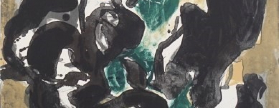 Mogens Andersen - Stor komposition i sort, umbra, gul, grn og gr farver