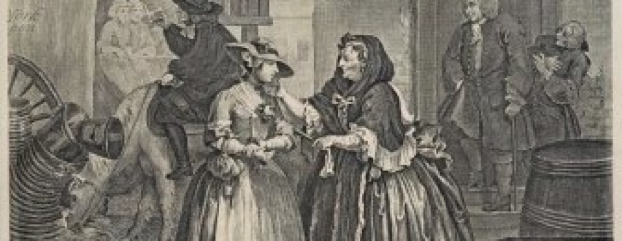William Hogarth - A Harlots Progress. Komplet serie p� 6 raderinger. Udgivet af Baldwin & Cradock, L